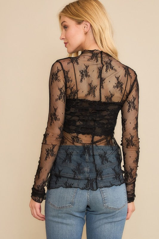 Long sleeve Mesh floral Lace under shirt