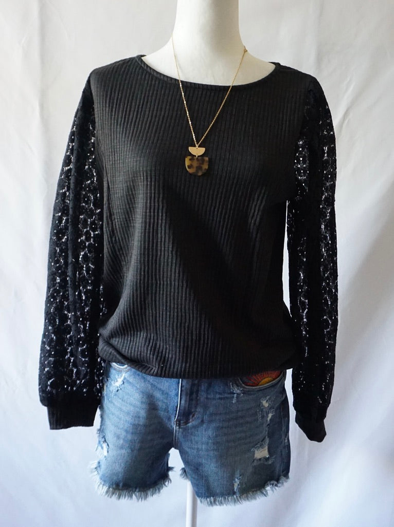 Floral Lace Sleeves Luxury Rib Top